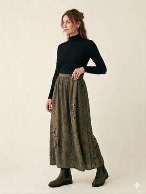 ​Daniel Laurent Vintage Earthy Floral Maxi Skirt L 90s Boho Cottagecore Phoebe